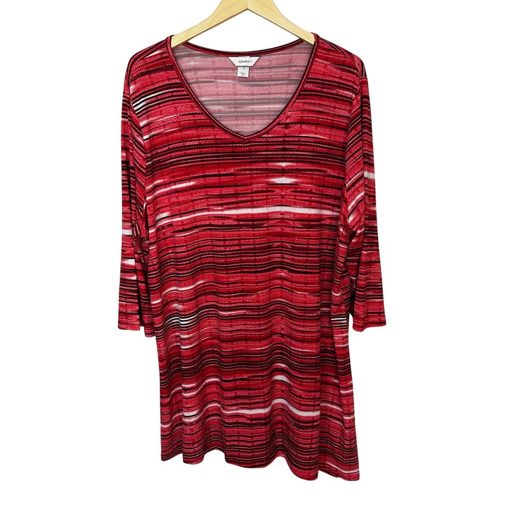 CJ Banks Red Black Striped Geometric Print Tunic Asymmetric 2X Womens V Neck